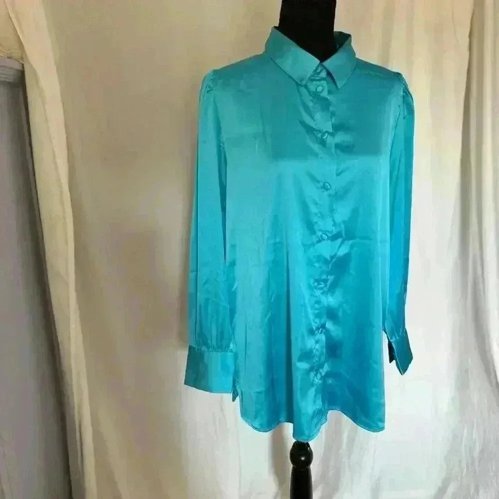 Jewel tone blue‎ button up satin long sleeve shirt Lucyswhims women’s medium